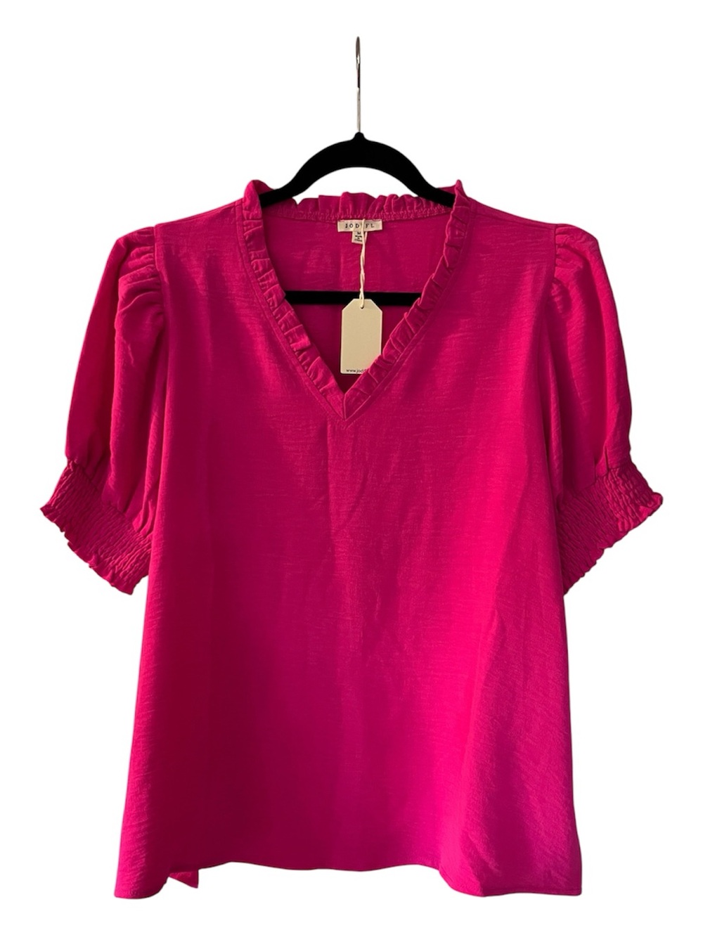 JODIFL Pink Ruffle V-Neck elastic Short Sleeve Top Blouse Size Medium New